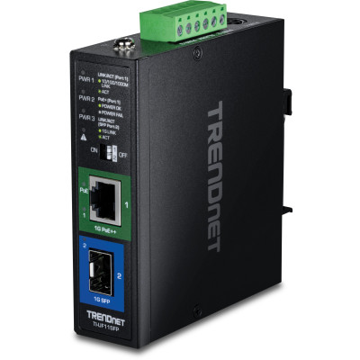 TRENDnet TI-UF11SFP Industrial SFP to Gigabit PoE++ Media Converter, IP50, DIN rail or wall mount, Multi or single mode fiber